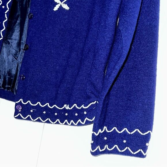 Vtg Cardigan Beaded Floral Navy Blue White Hand Made Cottagecore Lined Jacket M - Picture 5 of 15